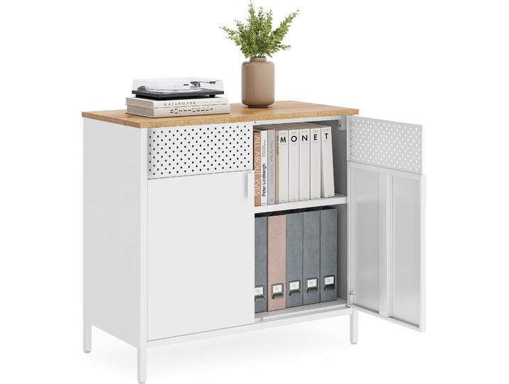SONGMICS Aufbewahrungsschrank, Metallschrank, mit Doppeltür, Magnetverschluss, verstellbarer Einlegeboden, Stahlgestell, naturfarben-weiß CSL102W57
