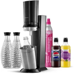 CRYSTAL 3.0 Wassersprudler titan, Bundle inkl. 3x Glasflasche, 1x Sodastream Maracuja ohne Zucker Sirup, 1x Pepsi Zero Zucker Sirup, 1x Quick-Connect Zylinder