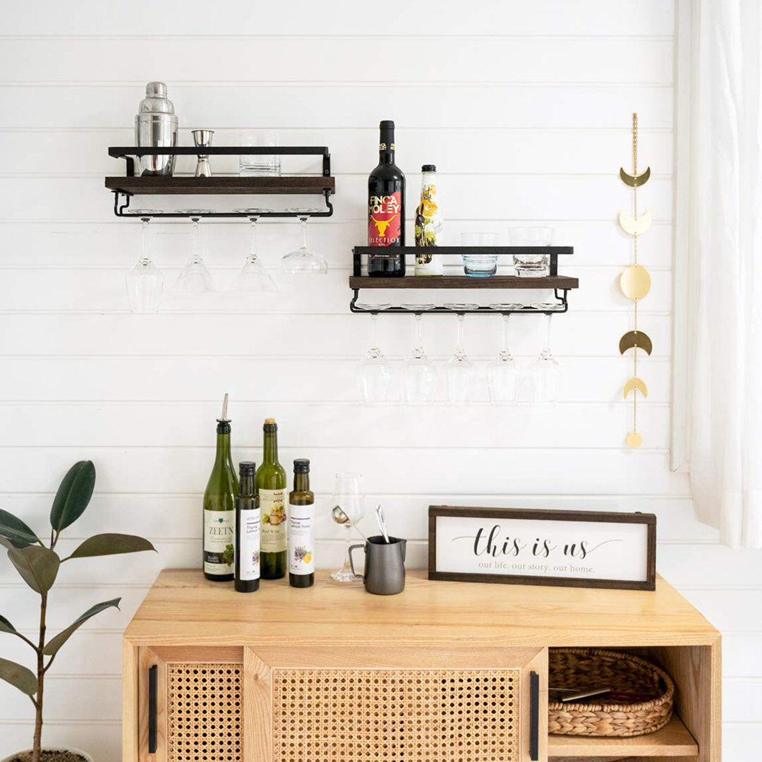Rebrilliant Dory 2 Bottle Wall Mounted Wine Bottle & Glass Rack Brown/Black 12.9cm H X 42.92cm W X 16cm D