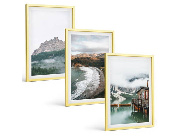 BILDER SET 3er Set - 40x60 cm Goldrahmen - Holzhaus an Bergstränden