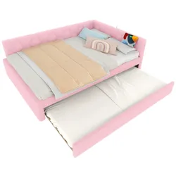 STILVORA Tagesbett 140x200 mit Lattenrost, Schlafsofa ausziehbar, USB- & Typ-C-Anschluss, integrierte Leselampe, gepolstertes Daybett, Rosa