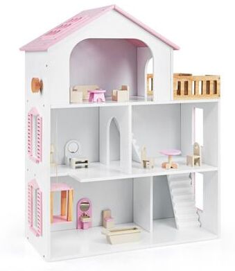Costway Wooden Dollhouse with 5 Rooms and Furniture Accessories for Kids-Pink