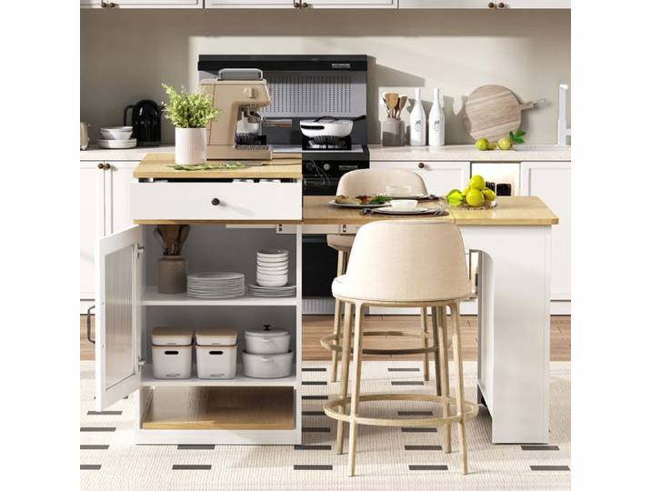 WOVREO îlot central de cuisine avec table extensible prise intégrée roulettes blanc et naturel