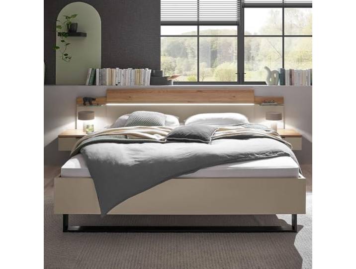Lomadox Schlafzimmer Bettanlage 180x200 cm mit Kopfteilbeleuchtung Nachtkommoden Bett Doppellbett Ehebett Nakopaneel LED-Beleuchtung Softclose-Funktion