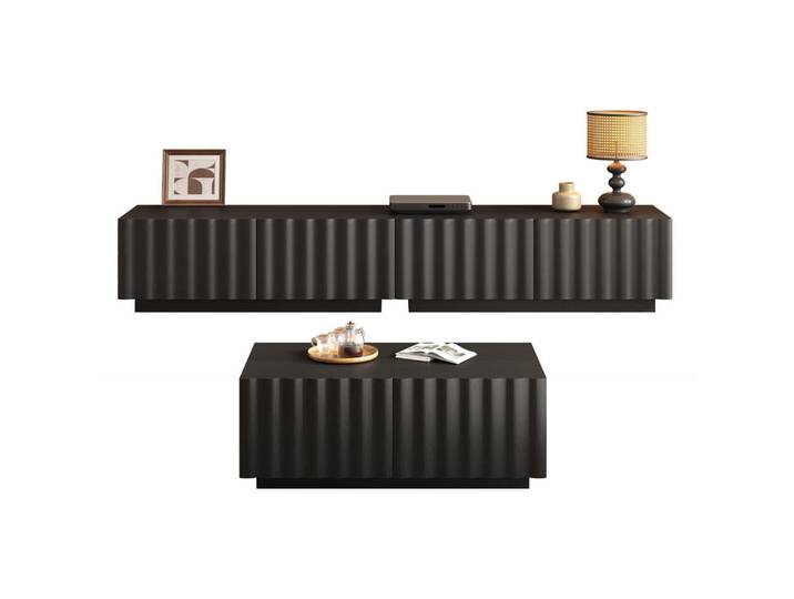 Flieks Wohnzimmer-Set Wellenoptik TV-Schrank Couchtisch modern, Schwarz, 200x35x40 cm, Wohnzimmer, Wohnwände