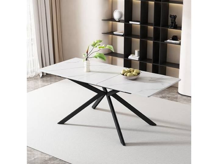 Merax Erweiterbarer Esstisch 150/180x70 cm, automatischer Ausziehtisch mit Kreuzbein-Design, MDF-Tischplatte in Marmoroptik Schwarz-Weiß, stabiler rechteckiger Tisch für 4–6 Personen, Schwarz und Weiß