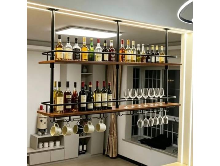 Weinregal Holz für Aufhängen von Stielgläsern mit Metallrahmen aus Eisen Deckenmontierter Weinflaschenhalter für Aufhängen, 2 Etagen, schwebende Wandregale(100x30x80cm)