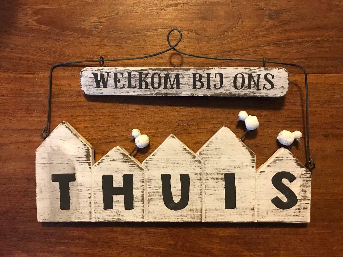 Houten huisjes Welkom decoratie voor op tafel