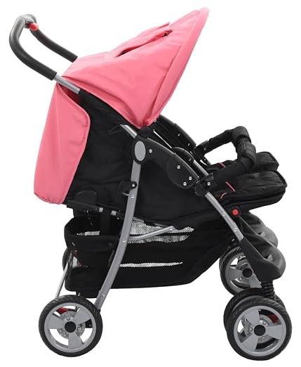 Zwillingskinderwagen Rosa und Schwarz mit Stahlrahmen, klappbar, für 2 Kinder bis 15 kg, verstellbare Rückenlehne, feststellbare 360° Räder, leichter Geschwisterwagen, ideal für Spaziergänge