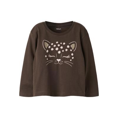 Langarmshirt NAME IT "NMFLAUREN LS NREG TOP", Mädchen, Gr. 92, chocolate braun, Jersey, Obermaterial: 100% Baumwolle, bedruckt, regular fit normal, Rundhals, Shirts Langarmshirt, Baumwolle, regular fit