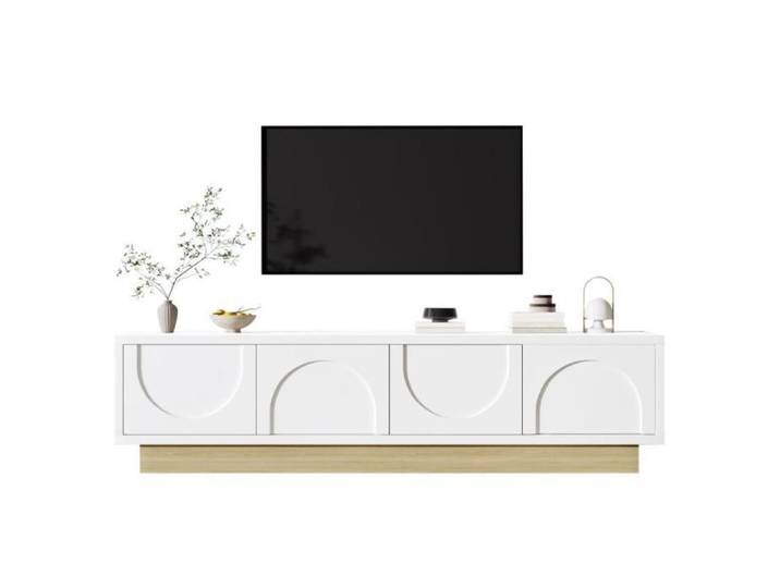 Meuble TV blanc avec grain de bois - Espace de rangement suffisant et gestion des câbles - Sans poignée avec fonction push-to-open