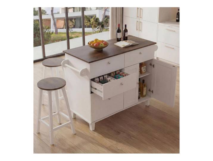 MCW Kücheninsel MCW-P62, Tischplatte mit Struktur, Ausreichend Stauraum, Hocker mit Fußablage