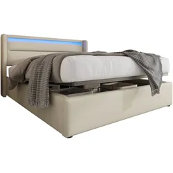 Polsterbett 140x200 mit hydraulischem Stauraum und LED-Beleuchtung – Modernes Design in Weiß für eleganten Komfort und praktische Funktionalität