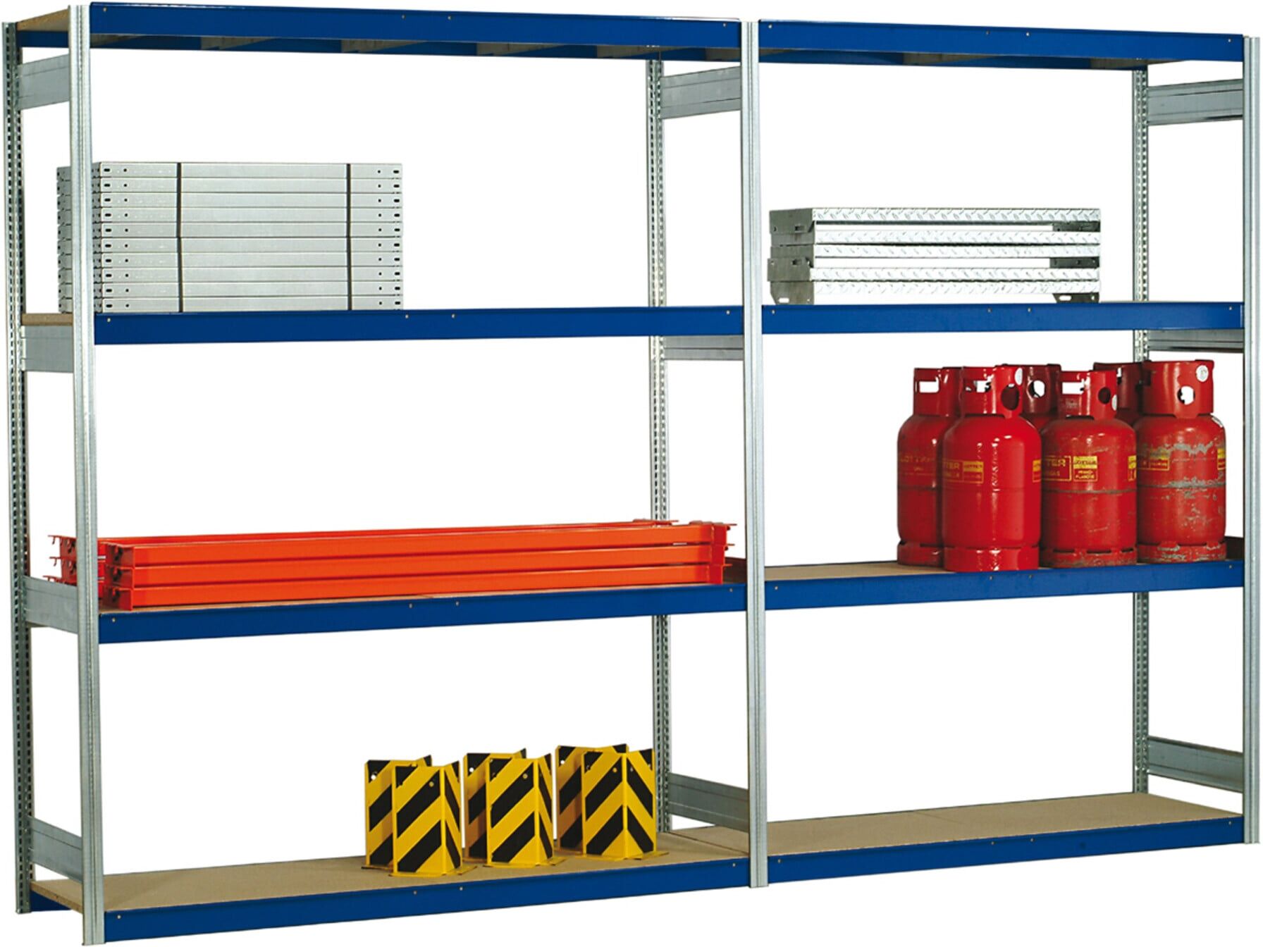 Regalwerk EMIL-Weitspannregal Holzpaneel Anbaufeld HxBxT 3000x2010x600 mm 4 Ebenen RAL5010 (B7-30602-60)