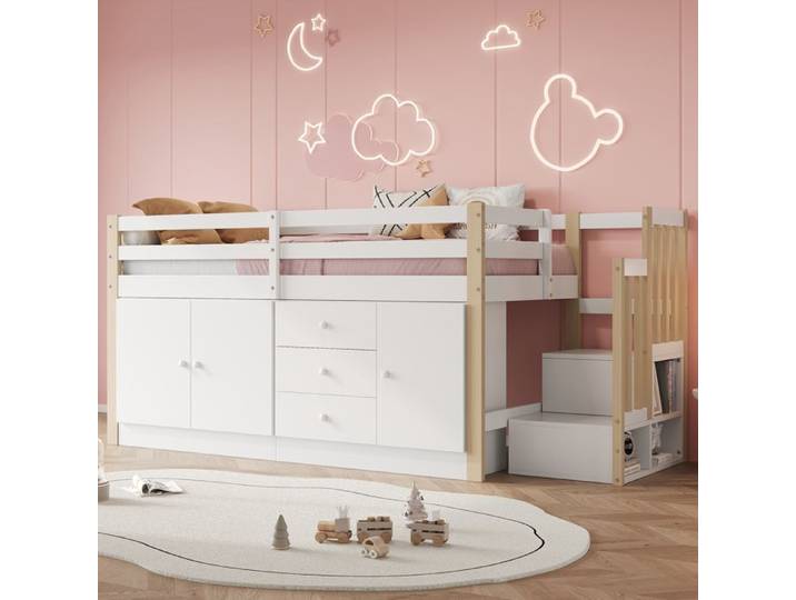 Lit mezzanine enfant blanc 90x200 avec escalier tiroirs 2 armoires & tringle à vêtements - Multifonctionnel sans matelas