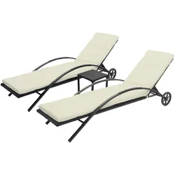 Décoshop26 - Set aus 2 Gartenliegen/Deckstühlen mit kleinem Tisch aus schwarzem Polyrattan mit beigen Kissen 04_0002961