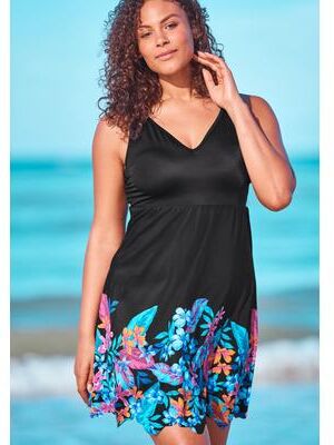 Plus Size Women's Floral Border Swim Dress by Swim 365 in Black Paradise Floral (Size 18) Swimsuit
