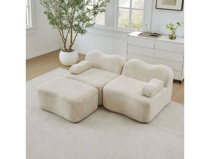 NuvlaGu - Canapé modulable 197 cm - 2 places - Canapé combinable avec repose-pieds - Design nuage - Blanc cassé