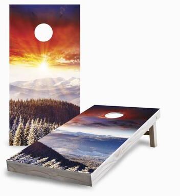 Skip's Garage Sunset Winter Mountains Cornhole Boards