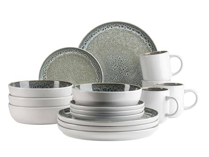 MÄSER Serie Malea, 16-tlg. Kombiservice für 4 Personen im Vintage-Look, grün mit dunklen Sprenkeln, Steinzeug
