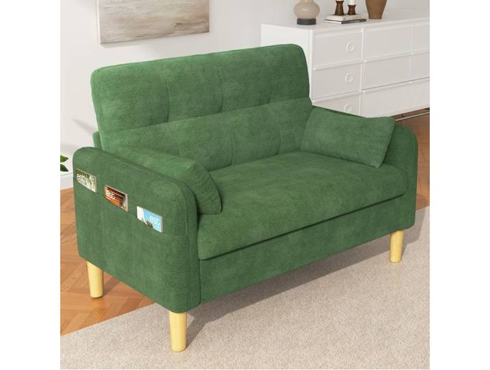 COVREO Canapé 2 places modulable vert en chenille avec 2 coussins et poche latérale