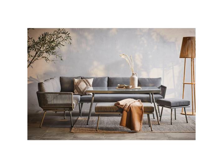 Ambia Garden Dining-Loungeset, Grau, Metall, Kunststoff, Glas, 5-teilig, Füllung: Polyester,Schaumstoff, 252x190 cm, Tisch mit Glasplatte, Hocker umfunktionierbar zu Tisch, Gartenmöbel, Gartengarnituren, Gartenmöbel-Sets