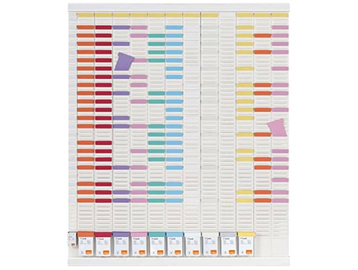 Nobo\, Planning Annuel à Fiches T\, Grand Format\, 12 Colonnes + 1 Index\, 54 Fentes Indice 2\, Rails Aluminium\, Fiches et Étiquettes Incluses\, Fixation Murale\, Bureau Usine Planning d’Équipes\, 1901002