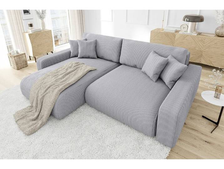 S-Style Möbel Ecksofa Emma mit Bettfunktion in Cord-Stoff und hohem Sitzkomfort, Ottomane links oder rechts bestellbar, mit Wellenfederung