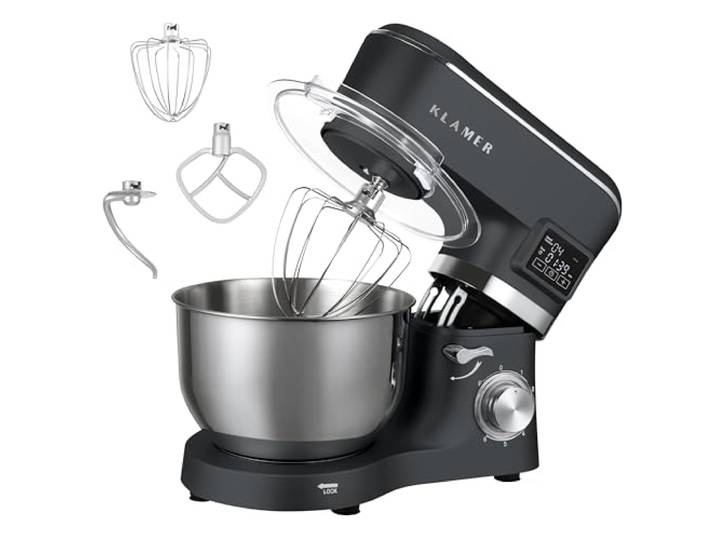 KLAMER Classic Küchenmaschine 1400 W mit 5,5 L Edelstahlschüssel Knetmaschine mit planetarischem Rührwerk verarbeitet schwere Brotteige mühelos, arbeitet gleichmäßig mit Fermentierfunktion