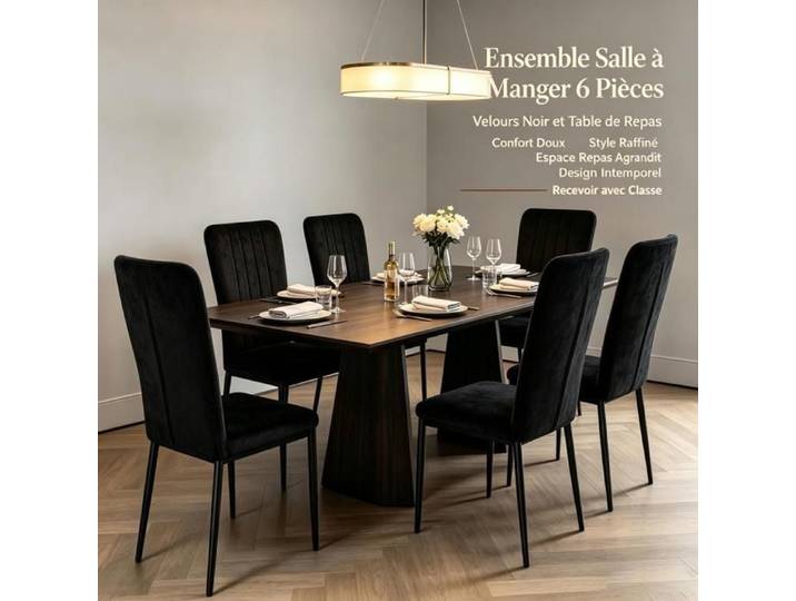 PIPIPOXER Lot de 6 chaise de salle à manger Velours Noir Dossier Haut Élégant et raffiné Ensemble Complet pour Salon Cuisine