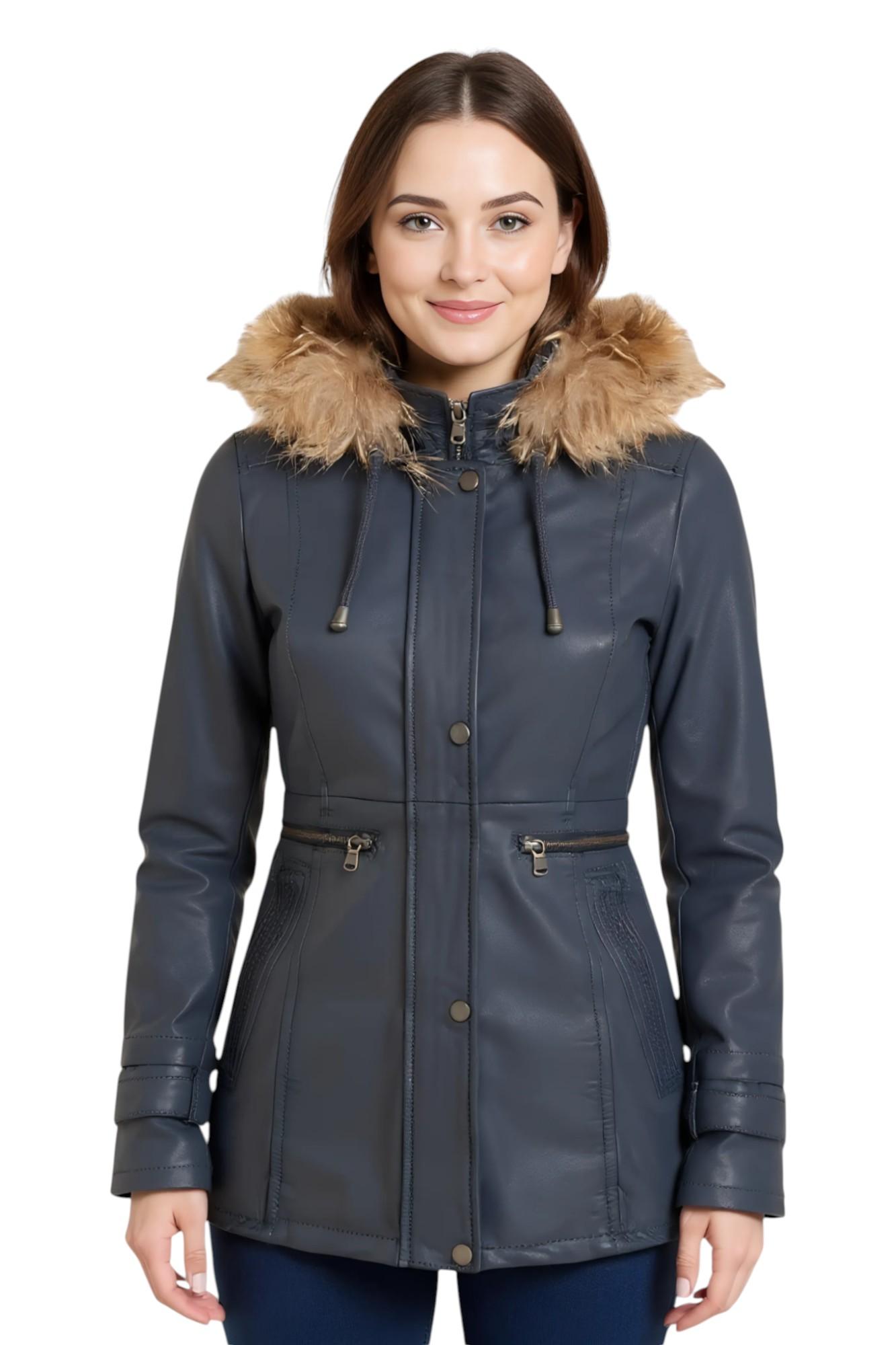 Dames blauwe leren parka met capuchon - Charleville