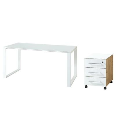 Schreibtisch Set MUENCHEN | 160x80cm Tisch & Container | Glasplatte Soft-Close Abschließbar | Chalet-Eiche-Nb./Weiß | Kadima Design