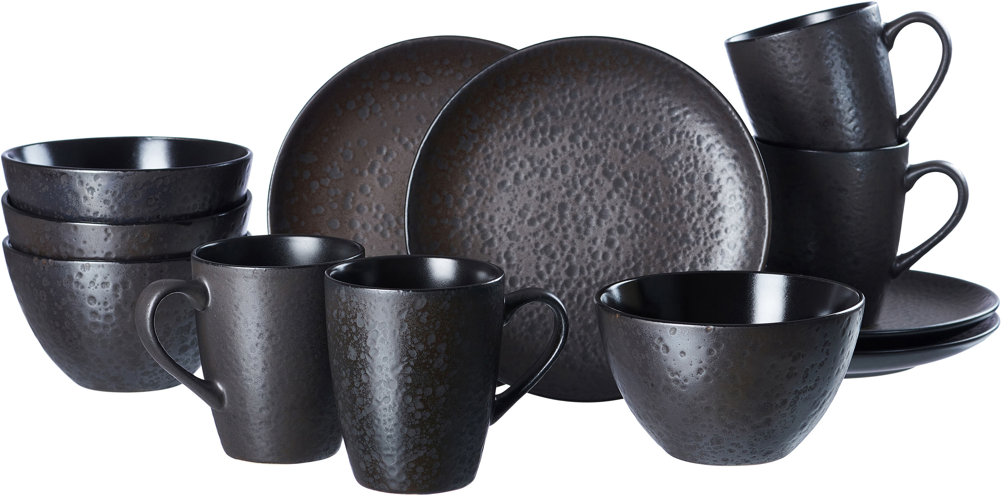 Frühstücks-Geschirrset RITZENHOFF & BREKER "Service, Kitwe (Teller, Schale, Kaffeebecher)", schwarz, 12 Stk., Steinzeug, Geschirr-Sets, Frühstücks-Geschirrset, seidenmatter Schwarzton mit Kupferstich, 12 Teile, für 4 Personen schwarz 12 Stk.