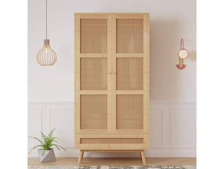 Mielvu Kleiderschrank mit Stange, 2-türiger Kleiderschrank, Schlafzimmer, Rattannetz, Wohnzimmer, mit unterem Flip-Top-Deckel, Spanplatten+PE-Rattan, Natur