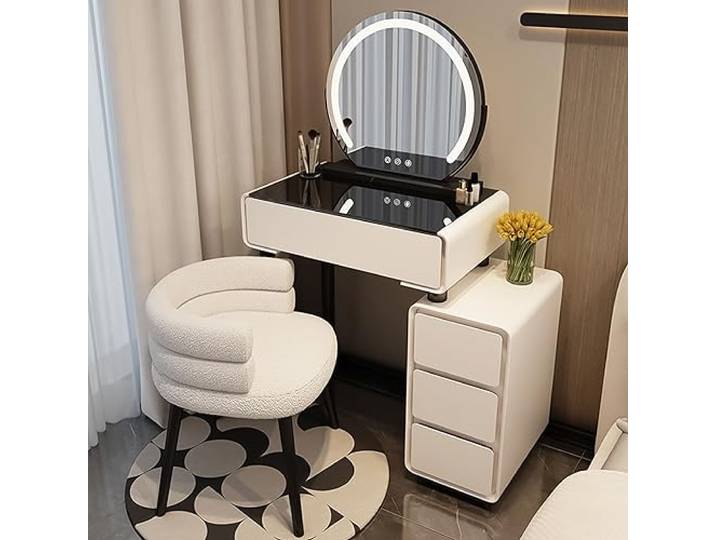 Kosmetiktisch mit Spiegel und Schubladen mit Stuhl, Schminktisch Weiß/beige mit Aufbewahrungsschrank, Der Schrank Kann Nach Links und Rechts Bewegt Werden (Color : White, Size : L-60cm/23.6in)