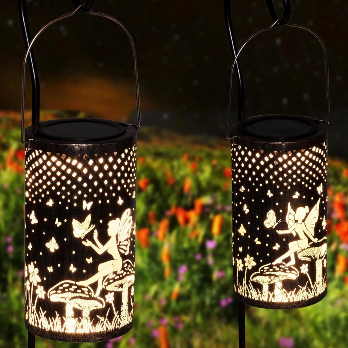Set van 2 Bronskleurige Zonne Lantaarns voor Tuinverlichting - IP65 Waterdichte Buiten Decoratie