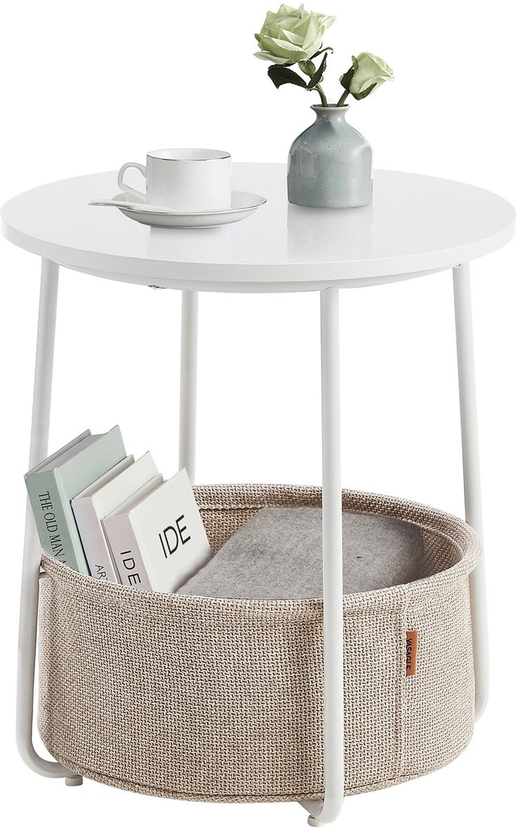 Sierra Bijzettafel LET223W10, ronde bijzettafel met stoffen mand, wit en beige