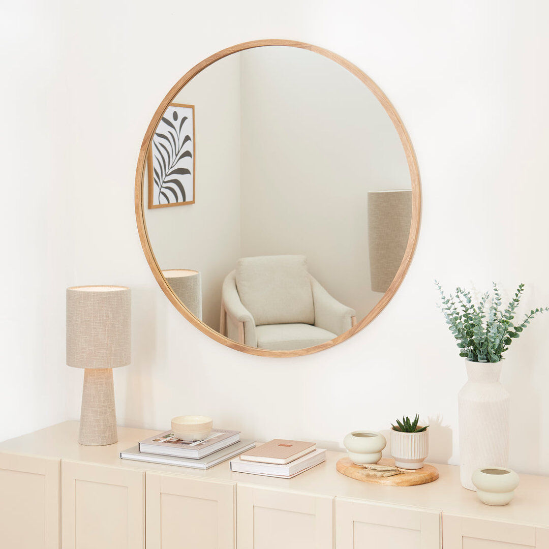 17 Stories Luvine Solid Wood Round Wall Mirror Brown Wood 100 cm H x 100 cm W