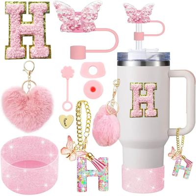 Inspire Select 9pcs Stanley Cup Accessories Set Silicone Boot, Butterfly Straw Cover, Spill Proof Stopper & Initial Charm Kit h Heart Pink 9pcs