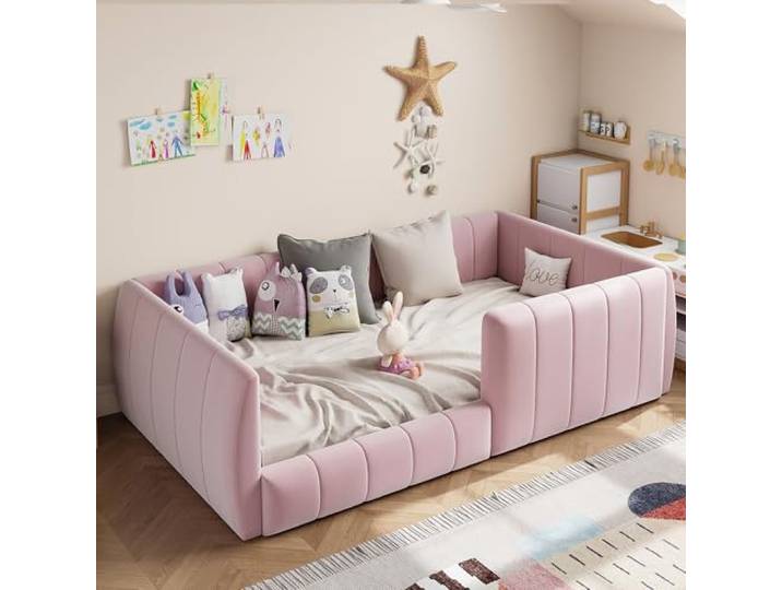 BTM Kinder Bodenbett 90x200 Kinderbett mit Sicherheitsgeländer Rosa Ohne Matratze