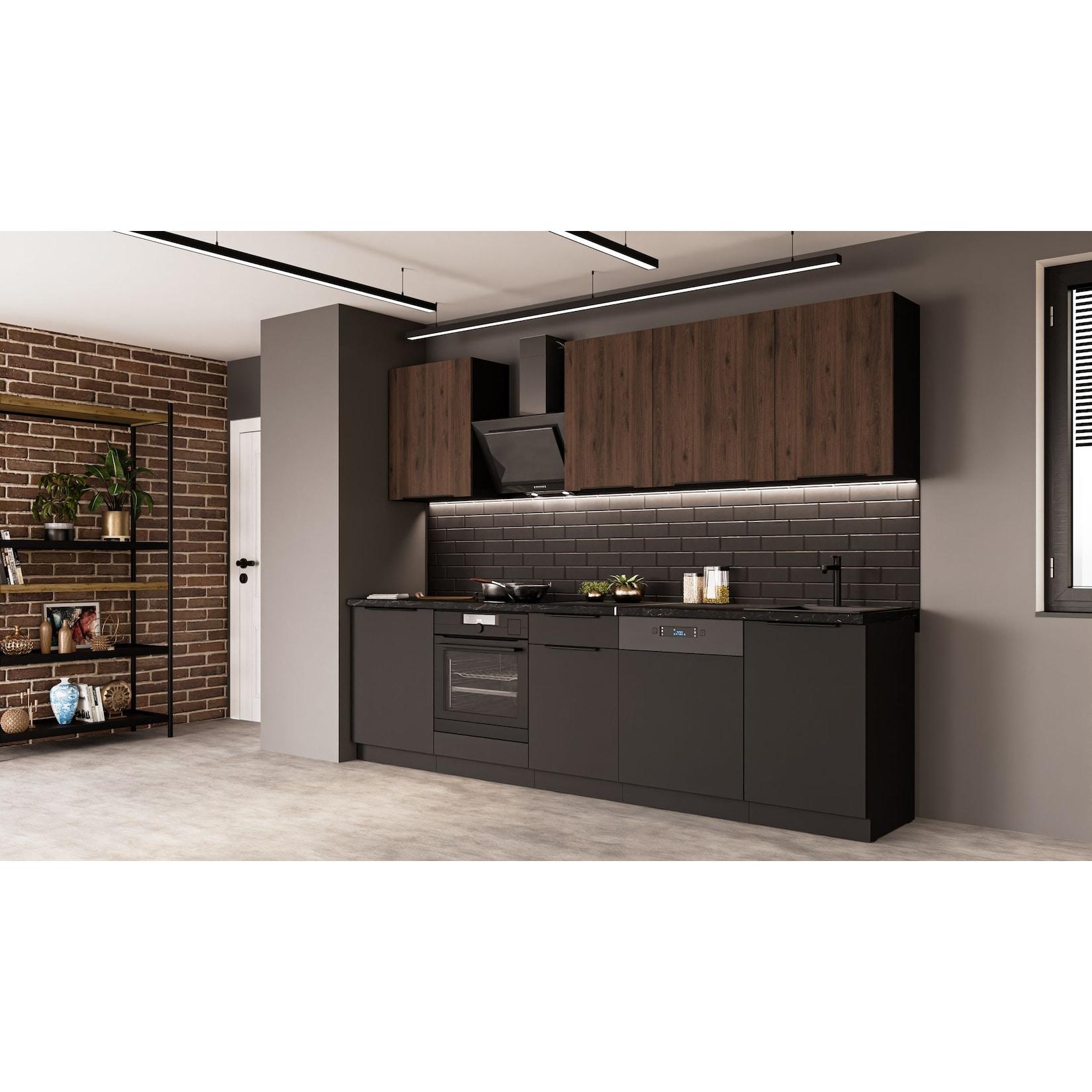 Küche SIENA + MONZA BASIC 280 cm Küchenzeile Küchenblock Einbauküche Nussbaum