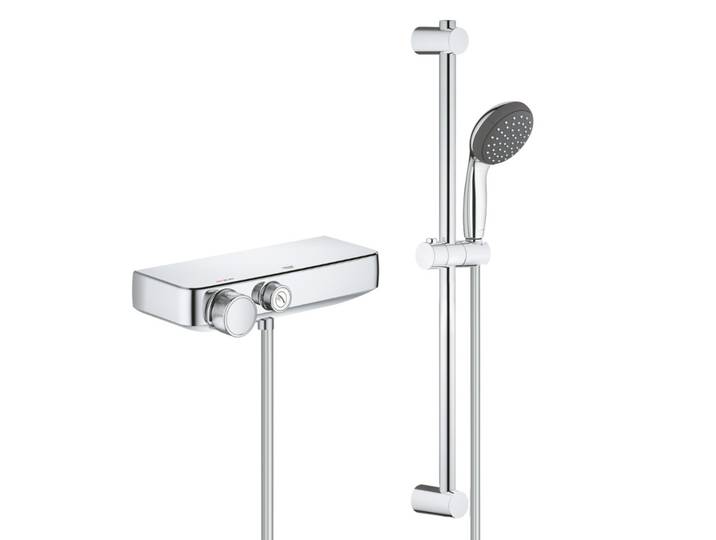 Vitalio Start 100 Set Mitigeur thermostatique douche + Ensemble de douche 1 jet avec barre, chrome (34719000-Vitalio)