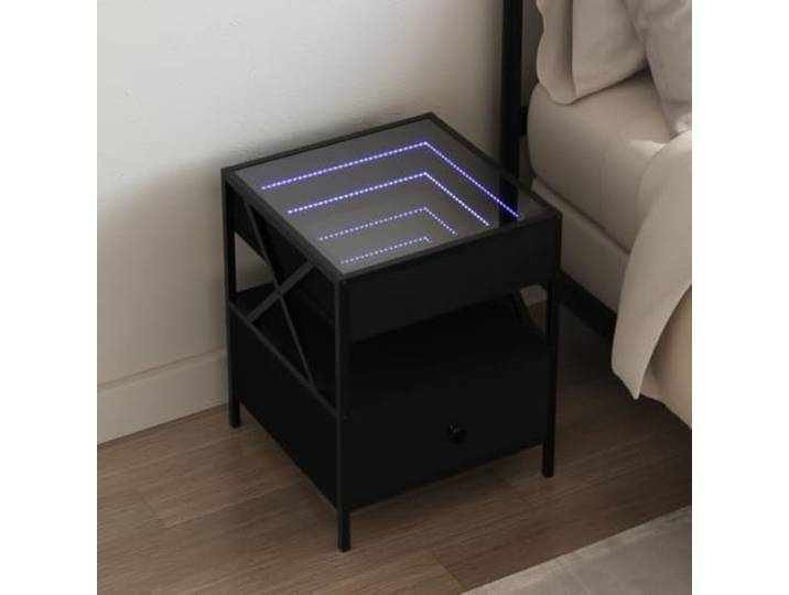 HEFZGDB Nachttisch mit Infinity-LED Schwarz 40x40x51 cm, LED Beleuchtung mit RGB Farbwechsel und USB Anschluss für modernes Ambiente, stabile Tischplatte und Robustes Metallgestell,