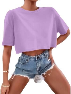 Lush Living Finds Boxy Ribbed Crop Tee For Women Casual Streetwear Top purple l
