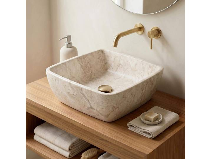 Vasque carrée de salle bain à poser en pierre - Sakura