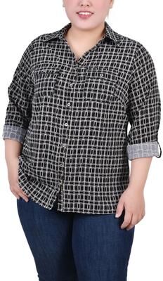 NY COLLECTION 3/4 Roll Tab Blouse With Pockets