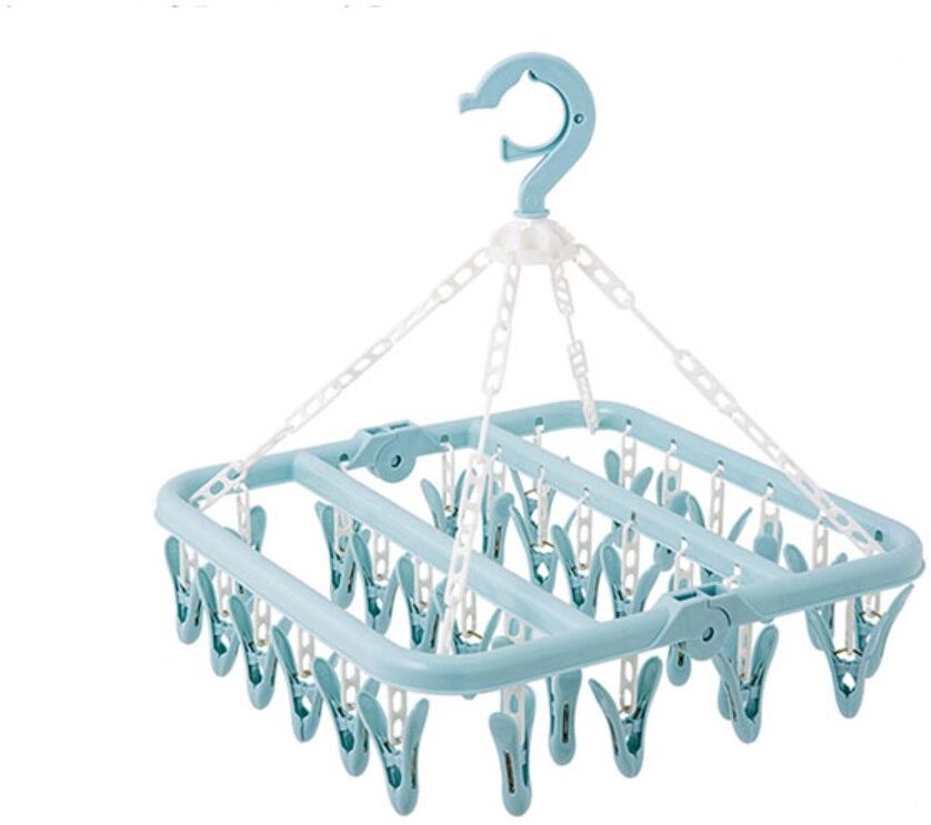 INF 32-Clip Faltbarer Wäschebügel – windgeschützt, ABS-Kunststoff, mit Haken, platzsparend und tragbar, 275g Blau
