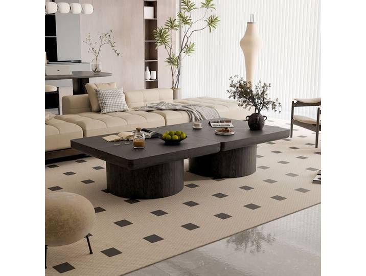 Table basse carree moderne AESVAR 78 x 78 cm avec plateau effet parquet 8 cm et base cylindrique noire