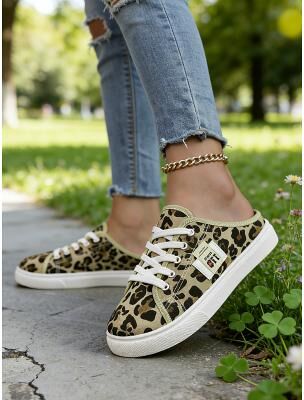 LightInthebox Women's Green Canvas Slip-On Sneakers with Lace-Up Design – Comfortable Backless Trainers, Ideal for Walking, Shopping, School Runs Casual Summer Days