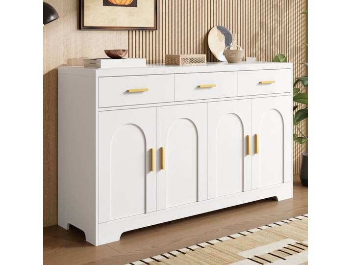Buffet de Salon Meubles de Rangement avec 4 Portes Arquées 3 Tiroirs étagères Réglables Poignées en Métal Doré 140x40x83cm Blanc